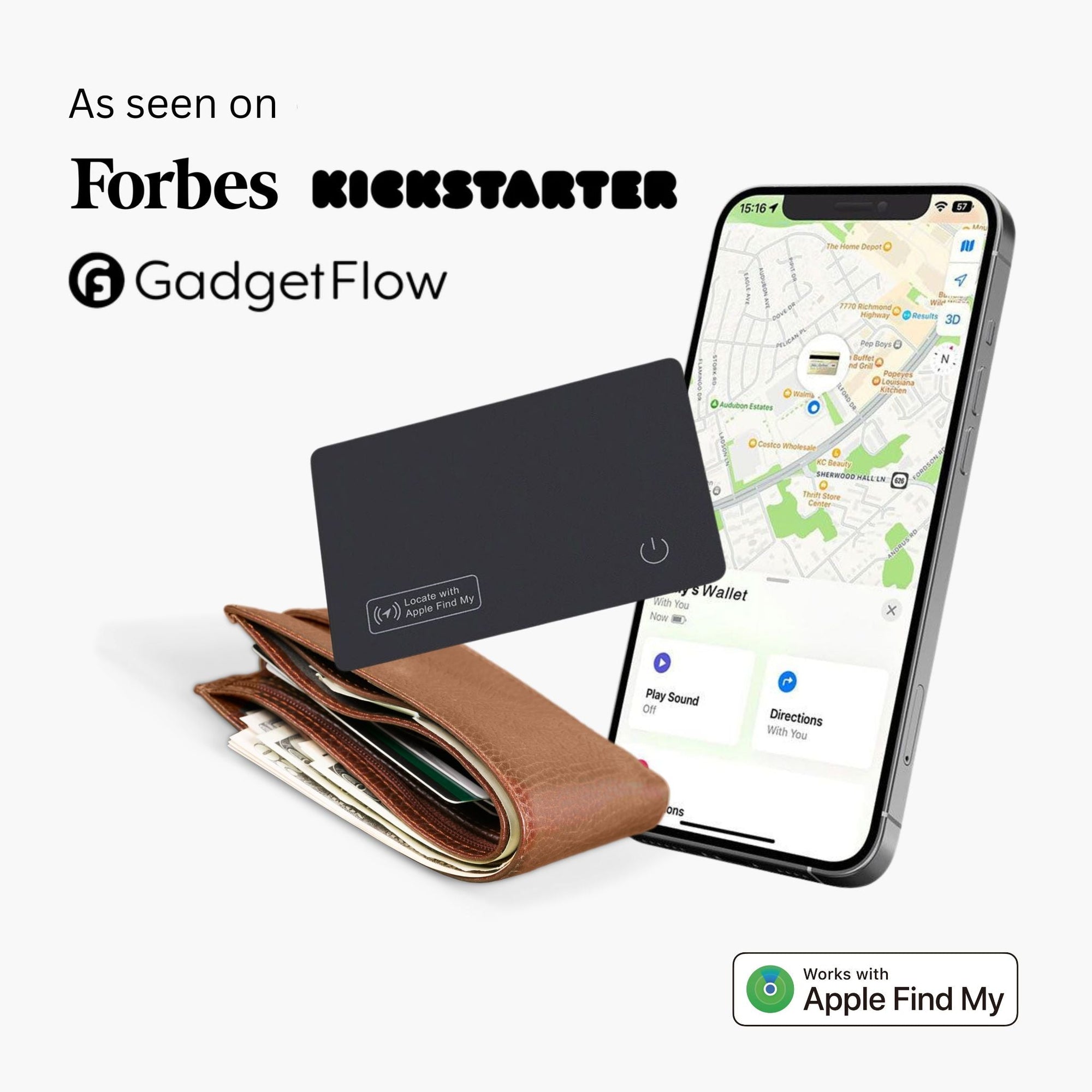 Smart wallet with card and phone displaying app, featured in famous spaces.