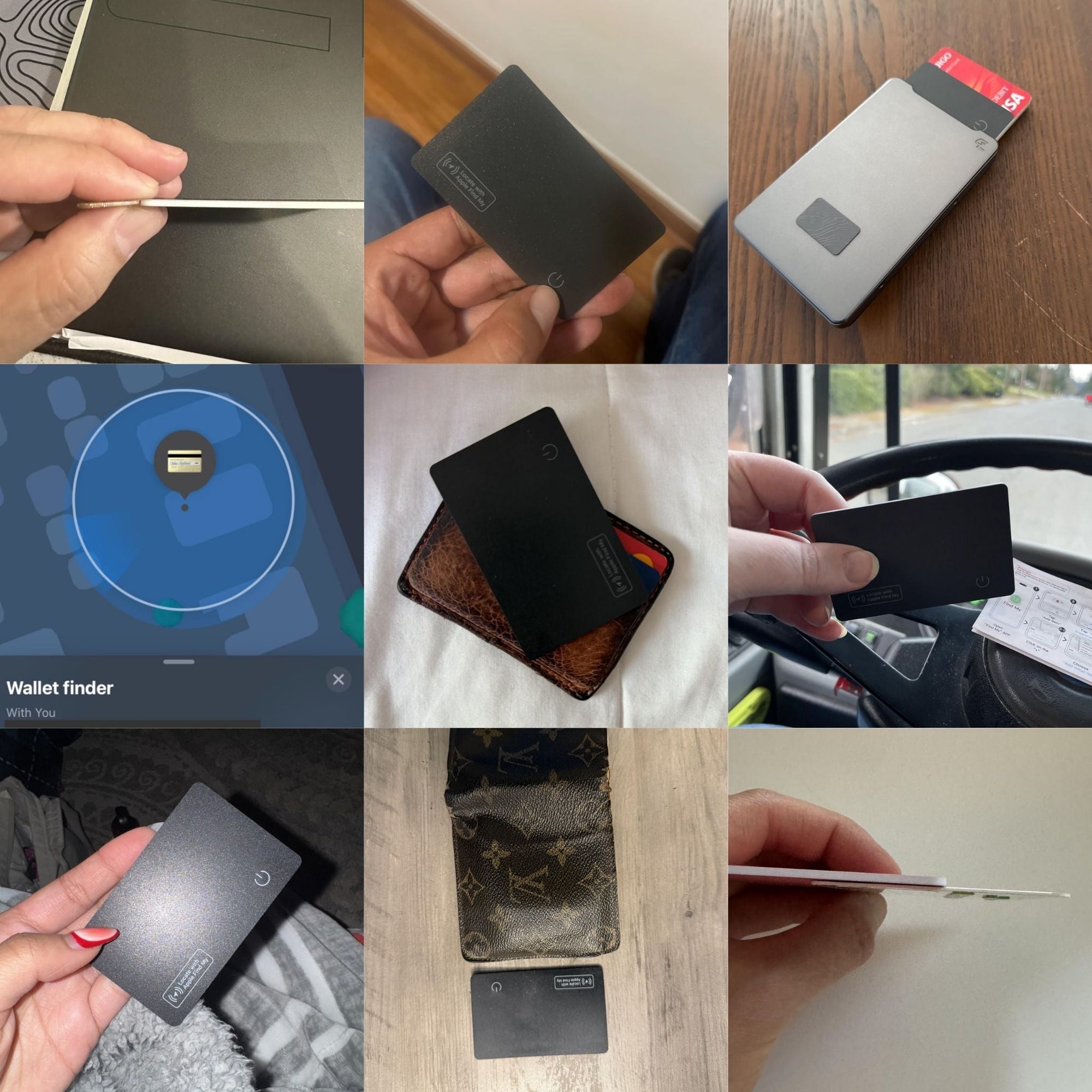 Collage of a wallet finder device being used in various scenarios.