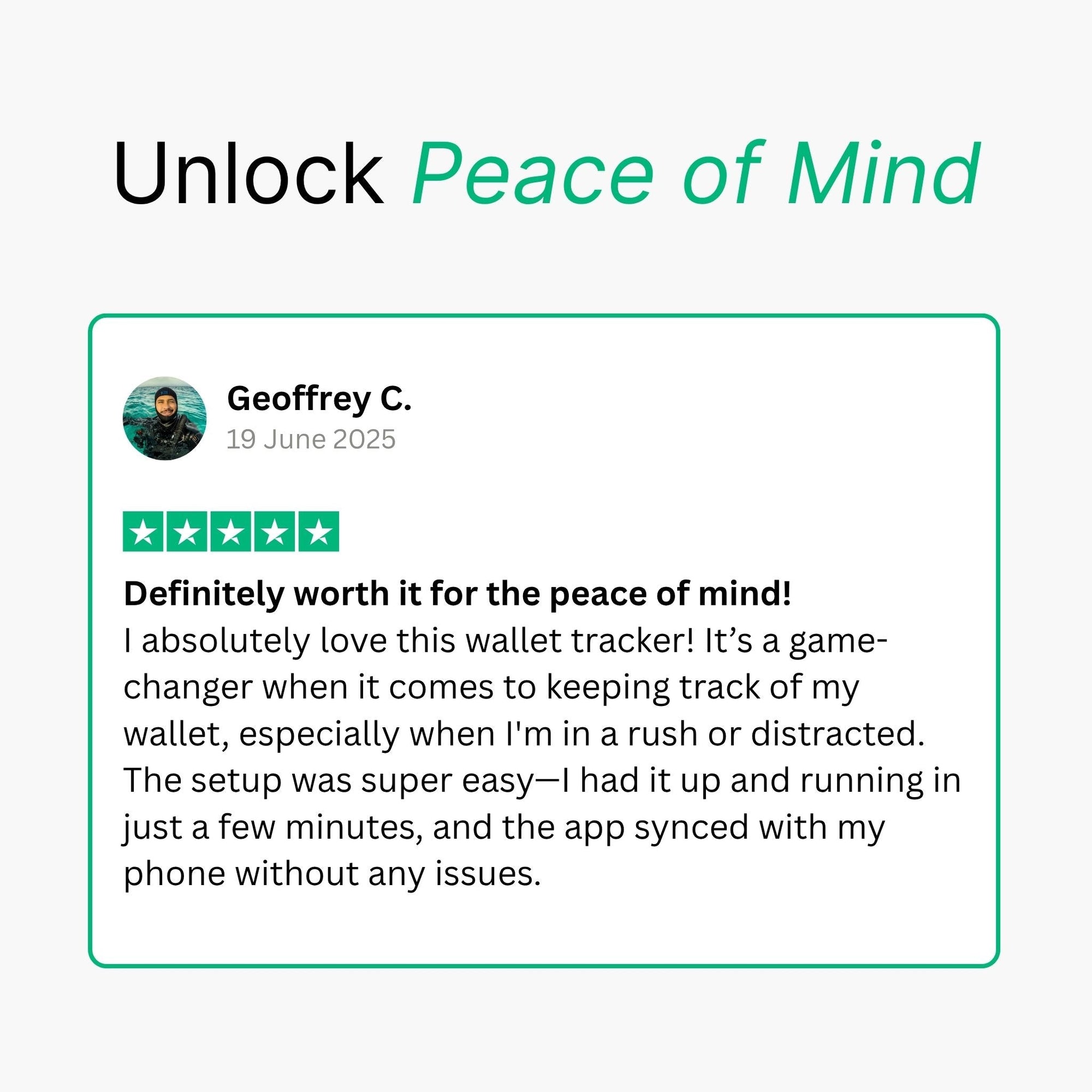 Product review for a wallet tracking card with a positive feedback from a user.